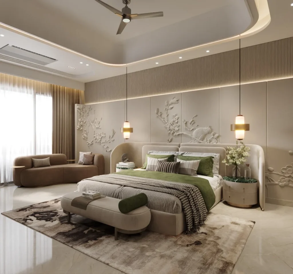 Sculptural 3D Floral Relief Wall With Pendant Lights and Arch Headboard