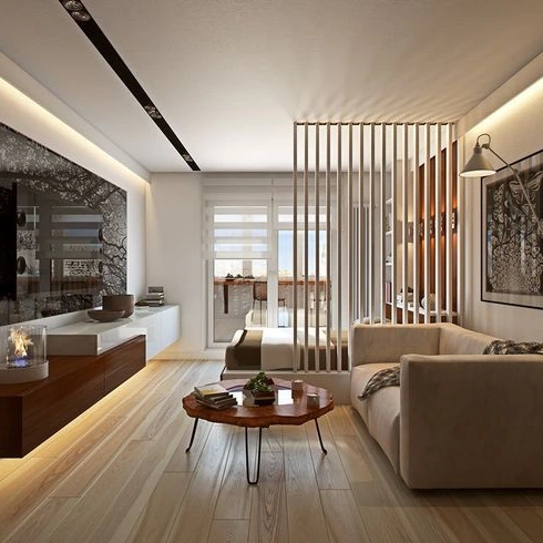 Slatted Wood Room Divider to Separate Bedroom From Living Area