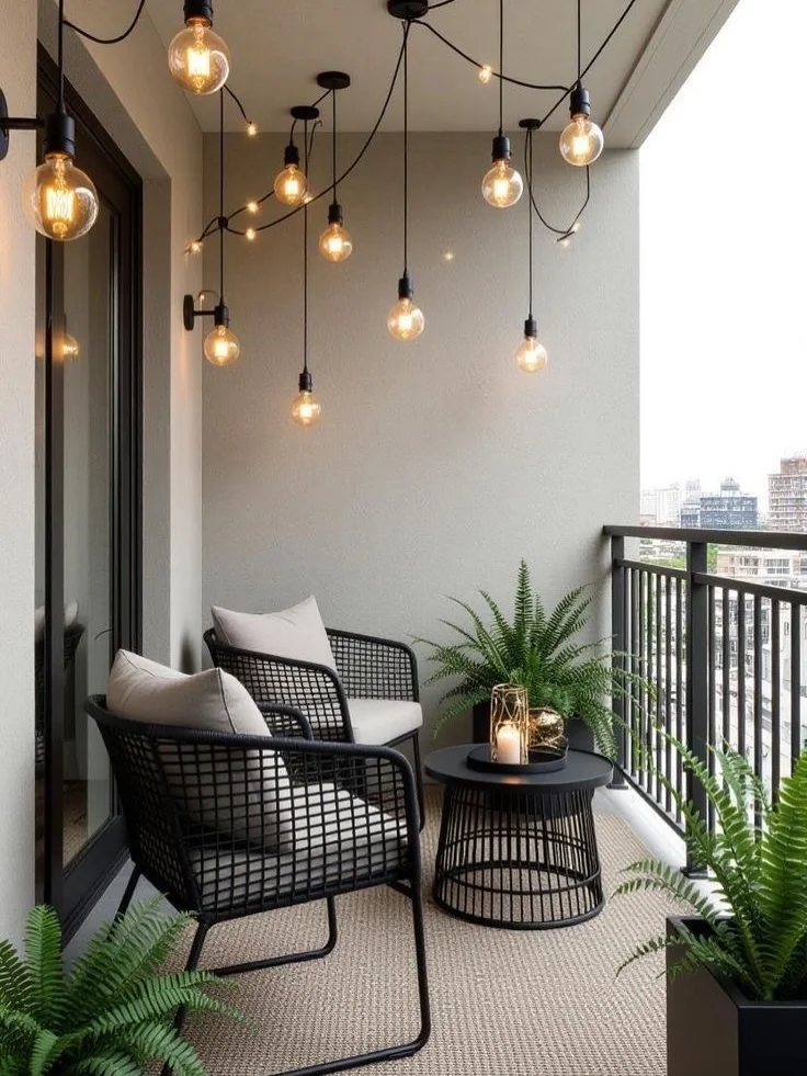  Small Apartment Balcony with Edison Bulb Lights and Black Rattan Chairs