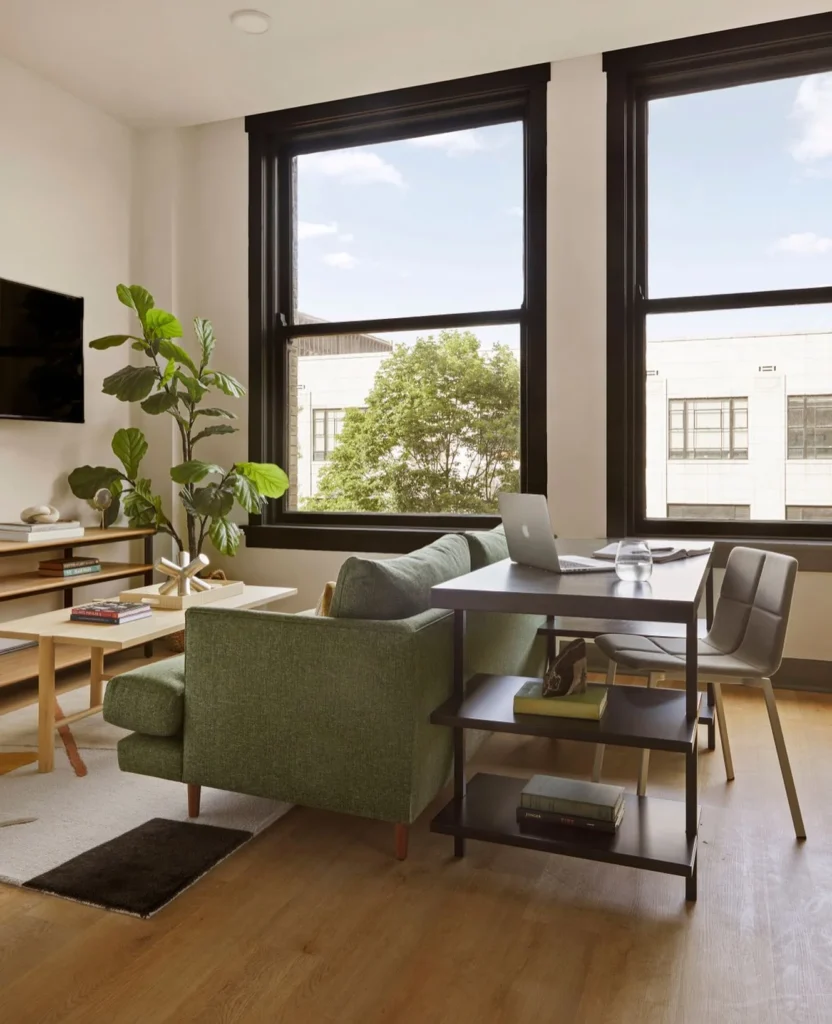 Sofa-Backed Desk Layout for Living Room and Home Office in One