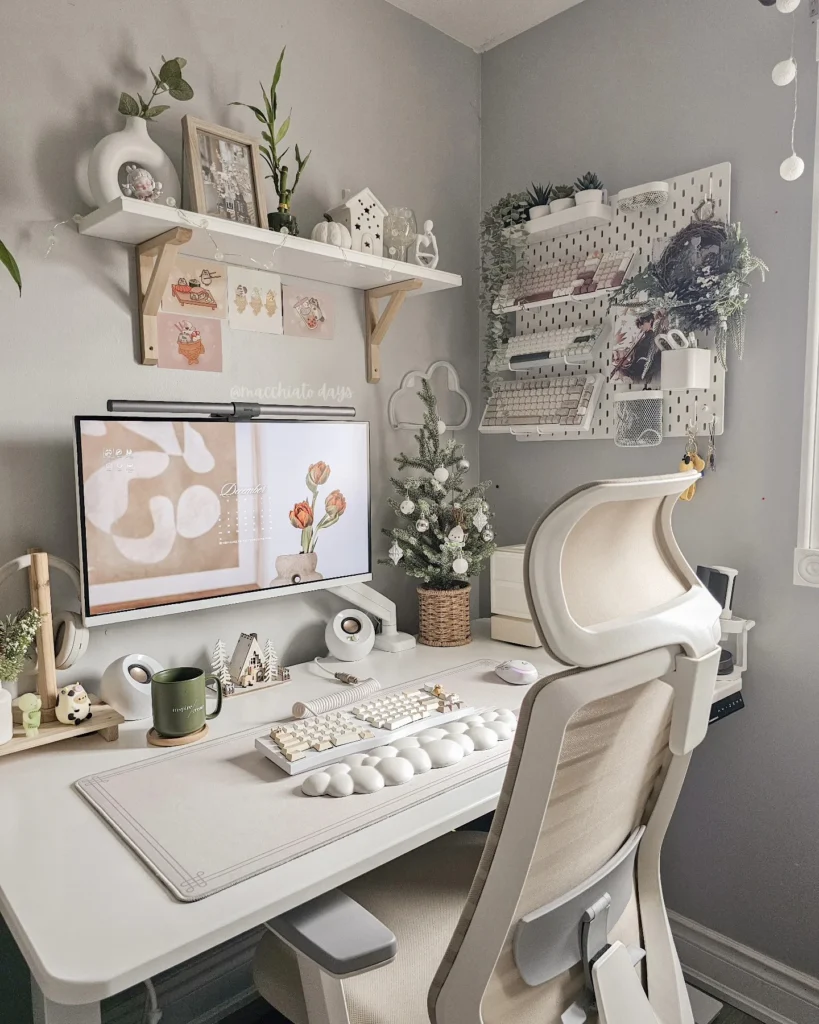 Soft Grey and White Desk Setup with Christmas Mini Tree and Cozy Aesthetic