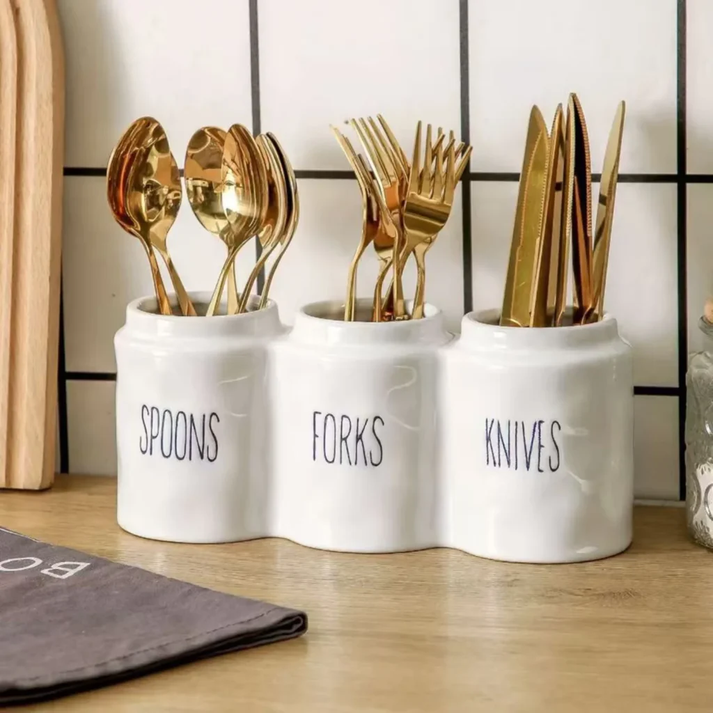 Store Your Cutlery in a Labeled Ceramic Holder for a Tidy, Charming Counter