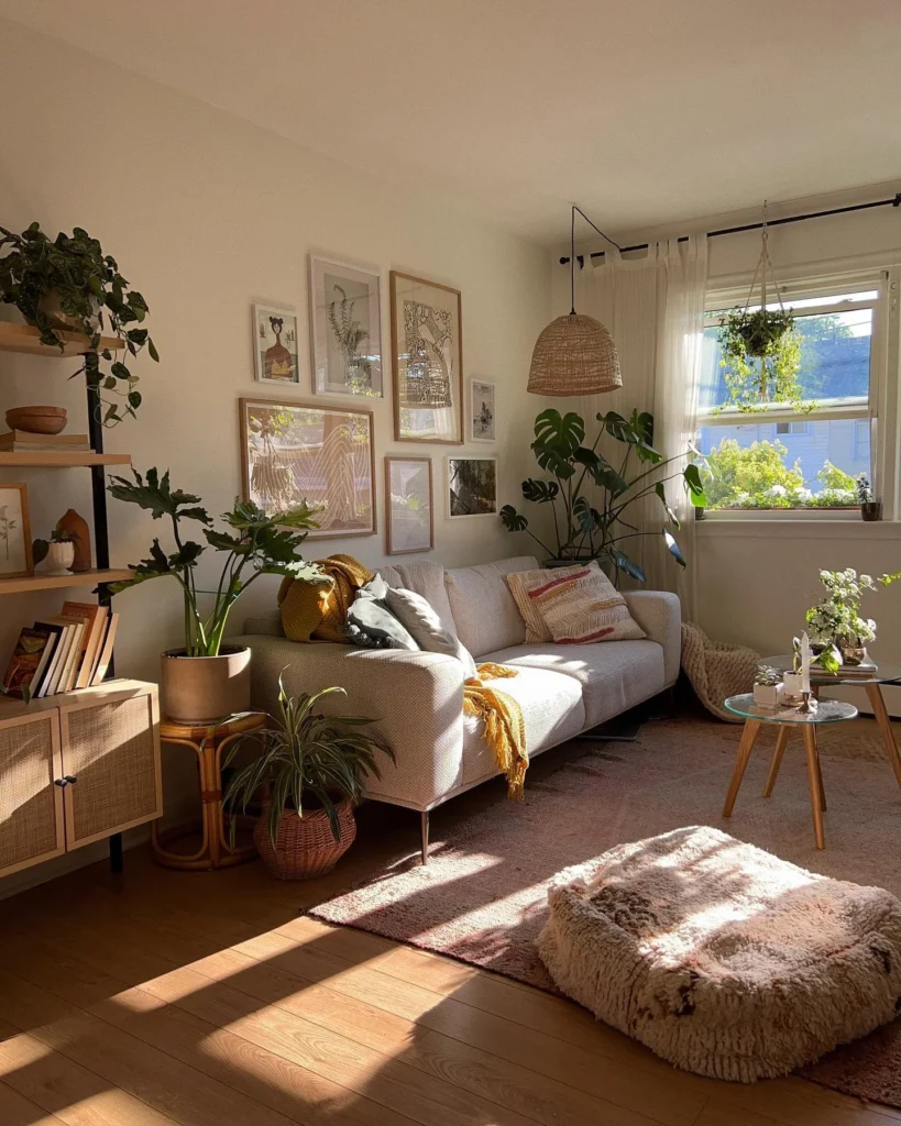 Sun-Drenched Boho Living Room With Monstera and Gallery Wall