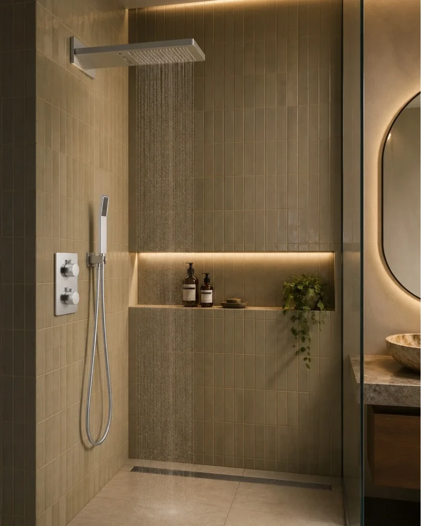 Tile Your Shower in Warm Olive and Add an Illuminated Niche for a Spa Finish