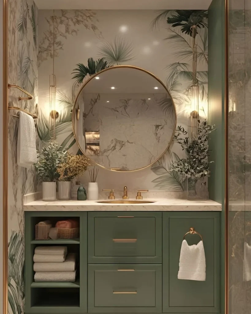 Use Botanical Wallpaper and a Green Vanity for a Lush, Tropical Bathroom