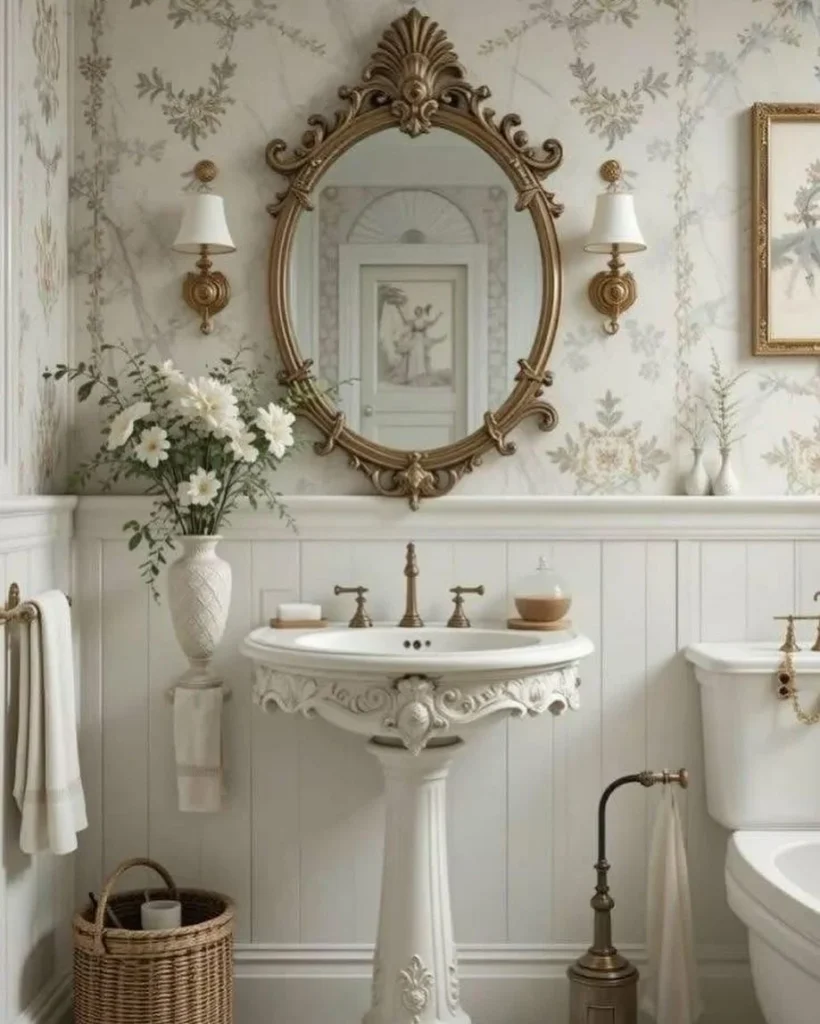 Use Floral Wallpaper and a Ornate Mirror for a Vintage French Bathroom