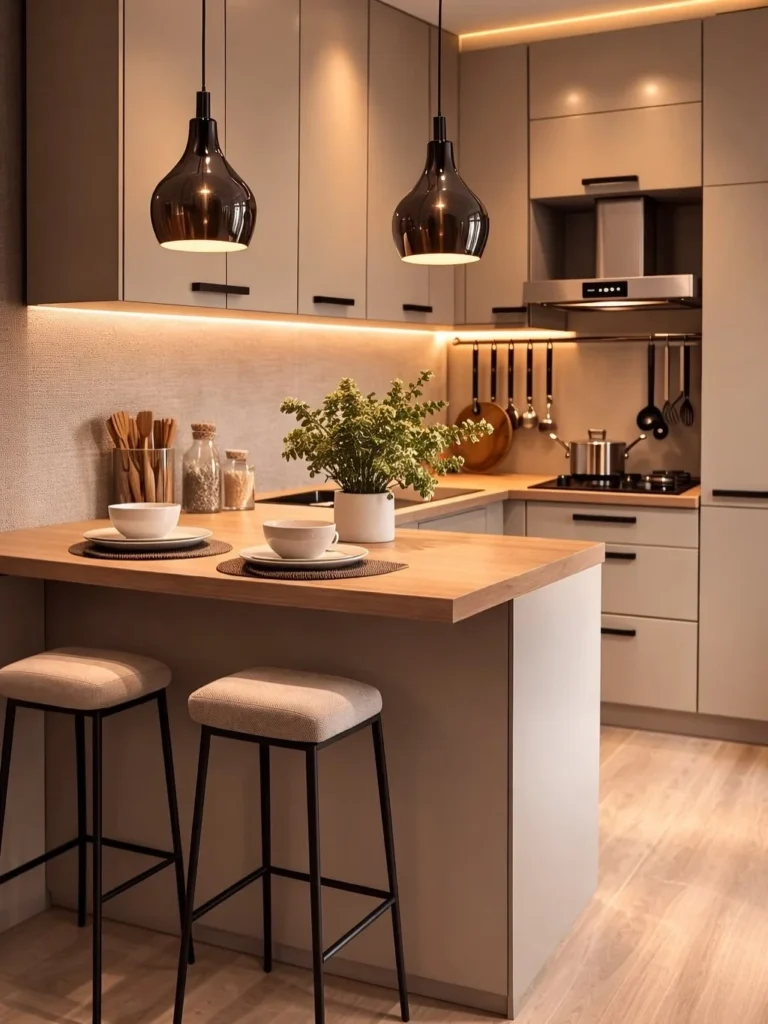 Use Smoked Glass Pendants and Under-Cabinet Lighting for a Warm Modern Kitchen
