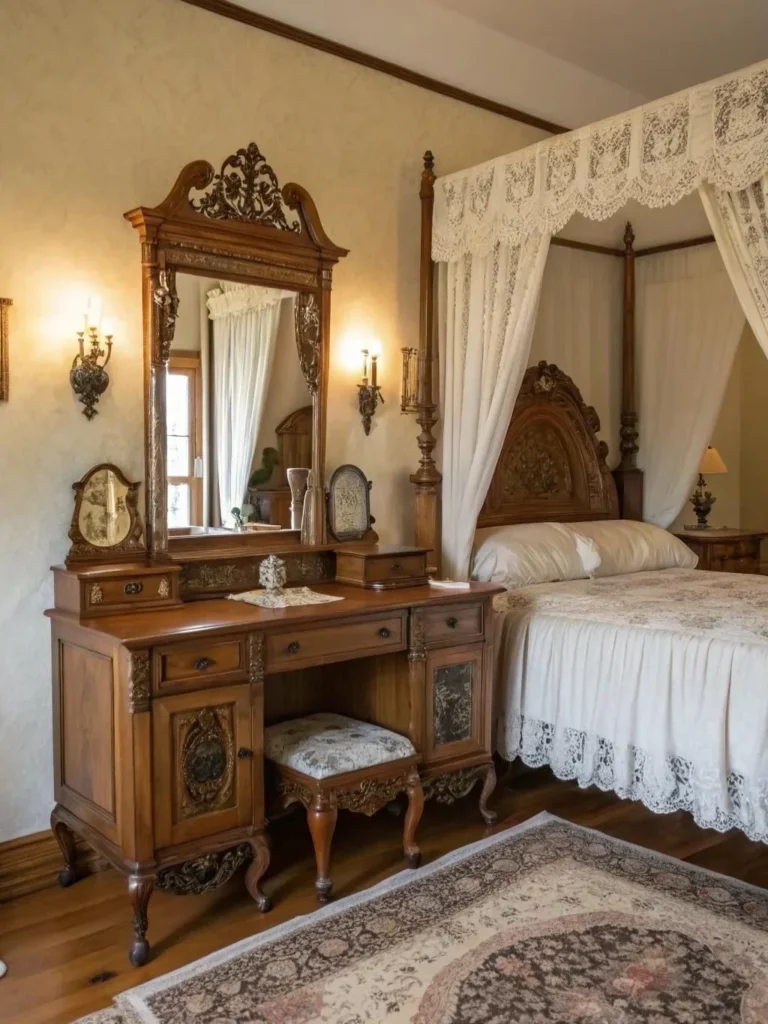 Victorian Master Bedroom With Four-Poster Canopy Bed and Antique Vanity