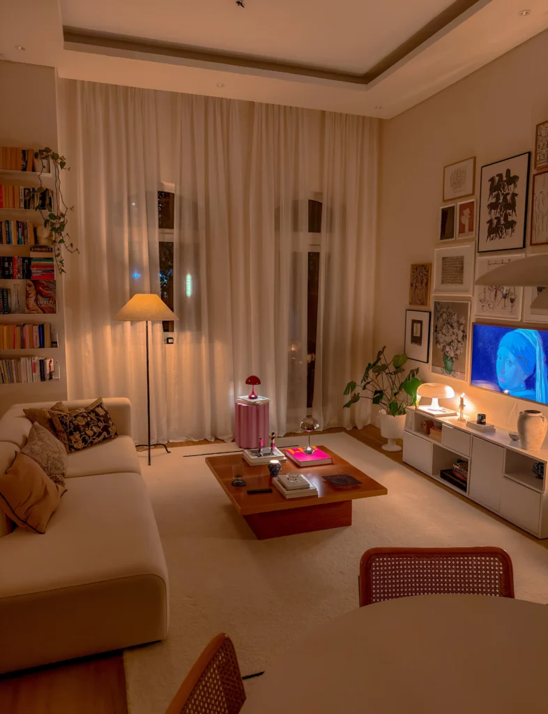 Warm Amber Lighting With a Floor Lamp and Multiple Table Lamps