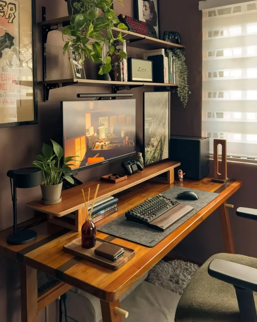 Warm Vintage Wood Desk Setup with Plants, Books, and Moody Ambience