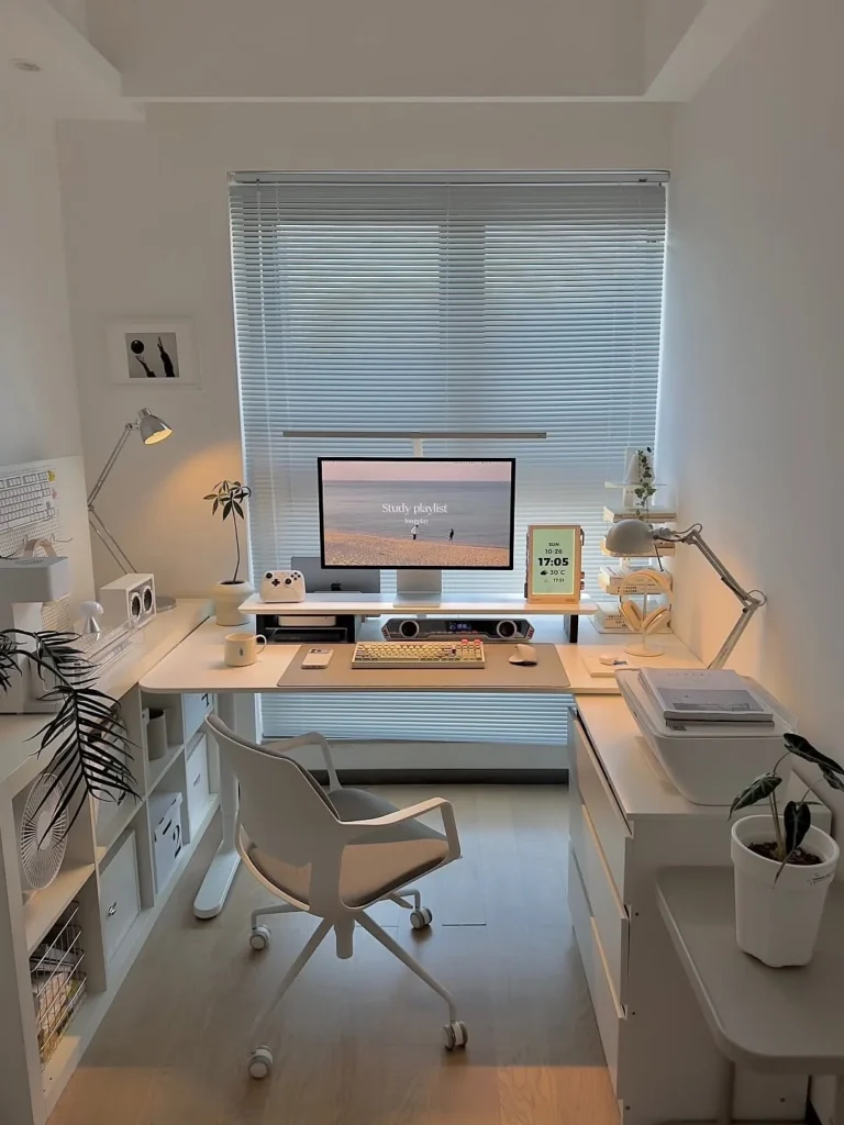 White L-Shaped Study Setup with Warm Lamps and Study Playlist Vibes