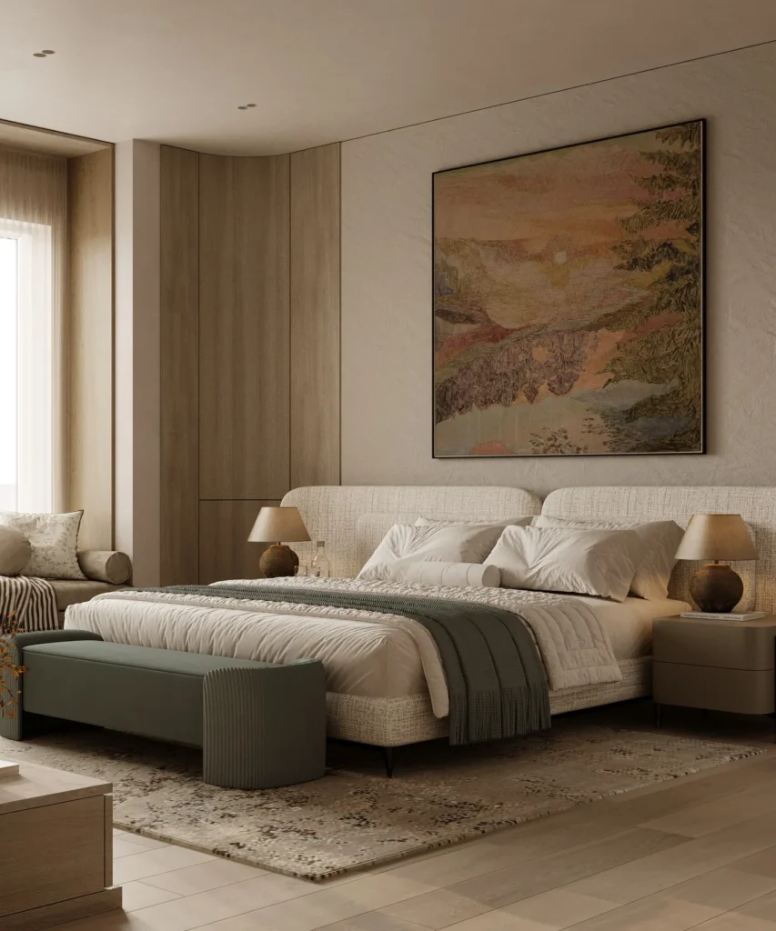 Zen Luxury Bedroom With Textured Wall Panels and Impressionist Art